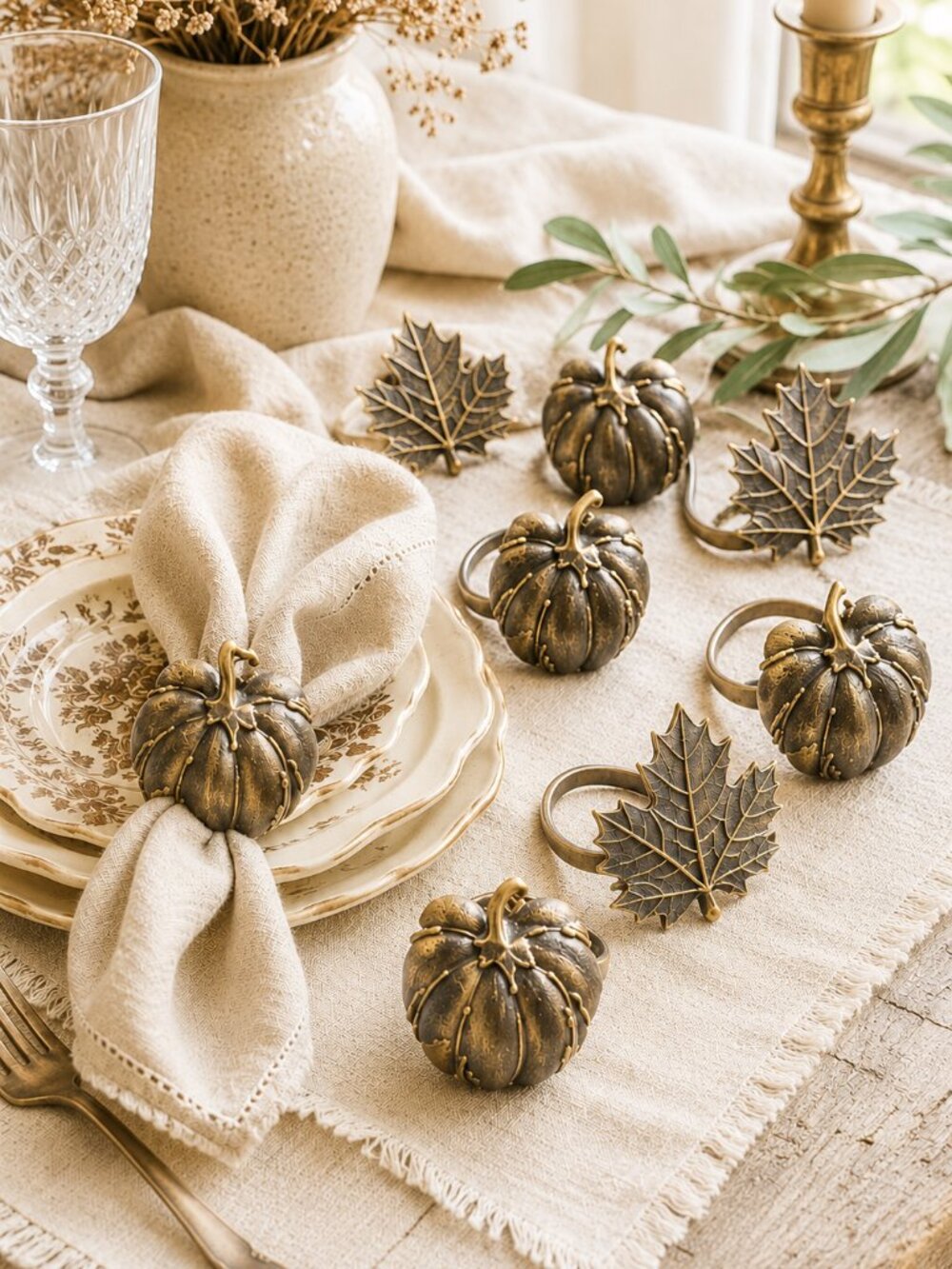 Set of 8 Vintage Bronze Finish Pumpkin & Maple Leaf Fall Napkin Ring Holders